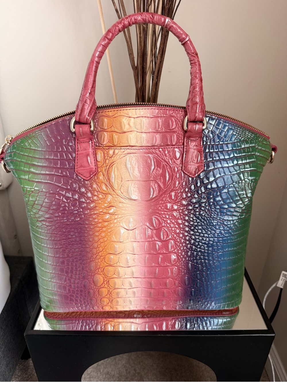 Brahmin Rainbow Croc-Embossed Leather Tote in Pink, Orange, Yellow, Green, Blue